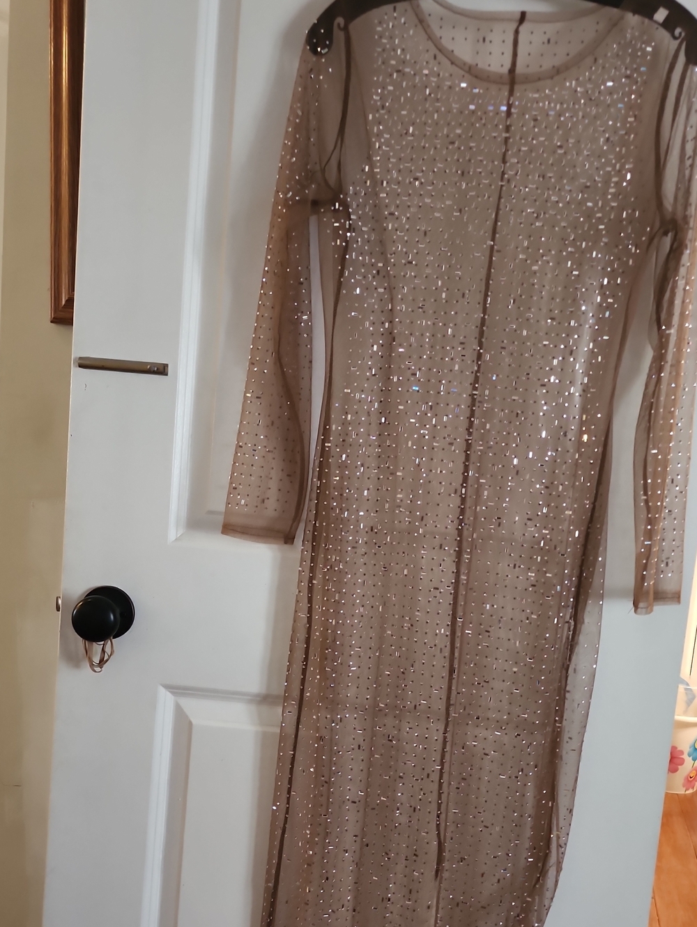 Sheer Taupe Sequin Long Sleeve Dress - Elegant Evening Style